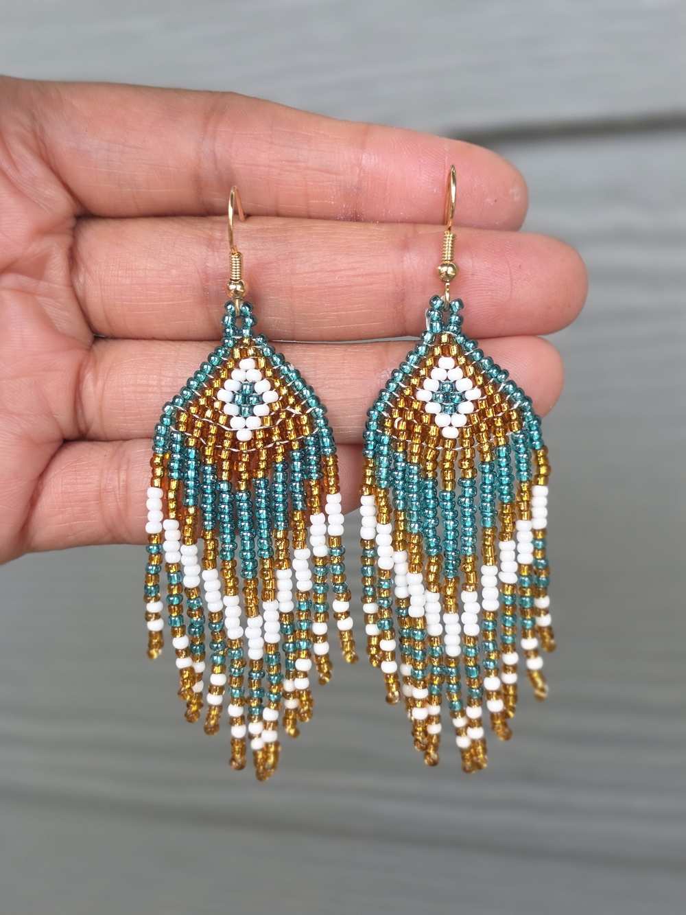 Yaz Boho Fringe Beaded Earrings Southwestern Handmade Jewelry Blue Bronze